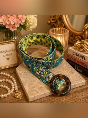 Vera Bradley Blue and Green Floral Belt with Tortoise Buckle